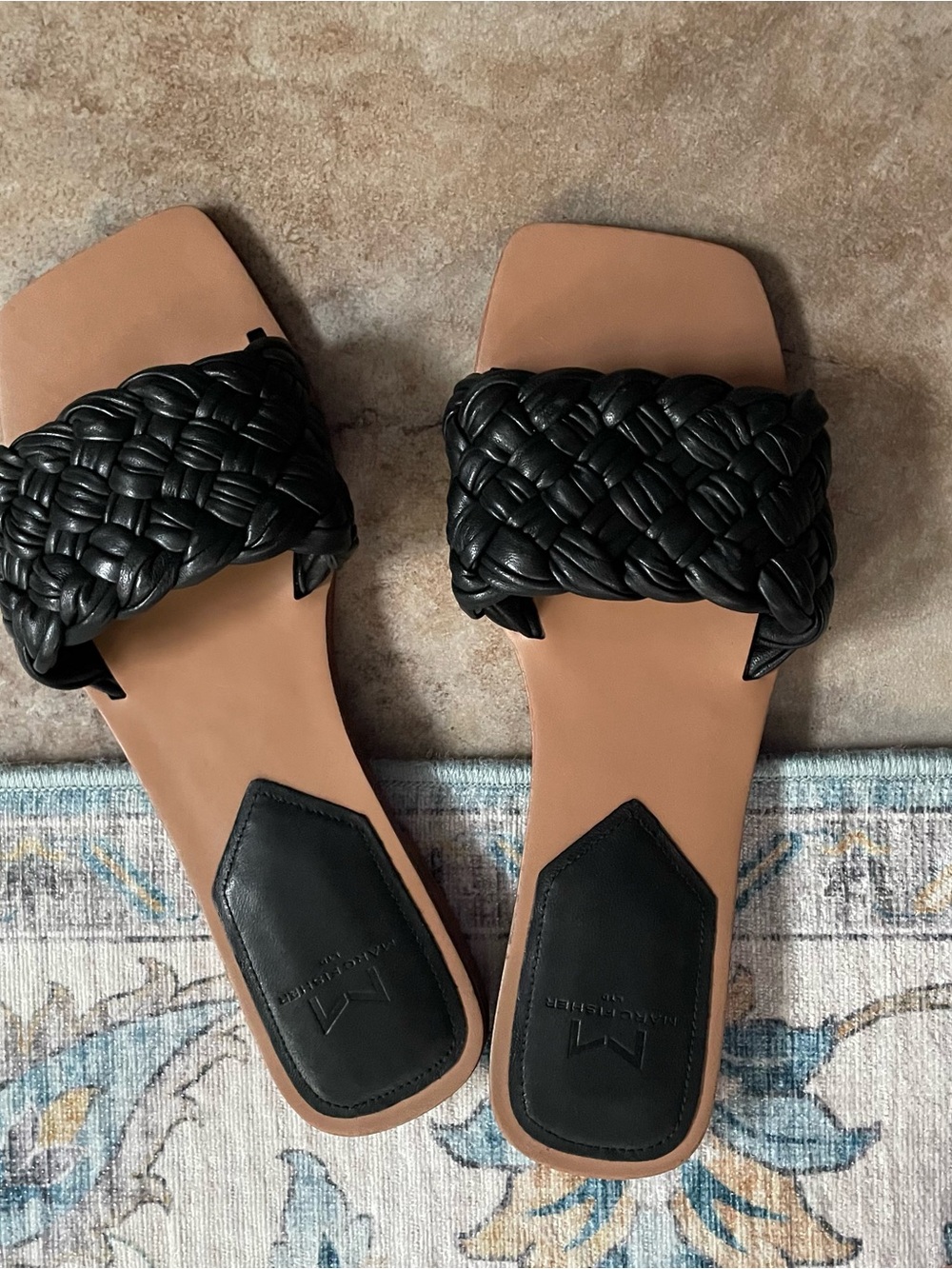 Marc Fisher Black Braided Slide Sandals with Tan Footbed